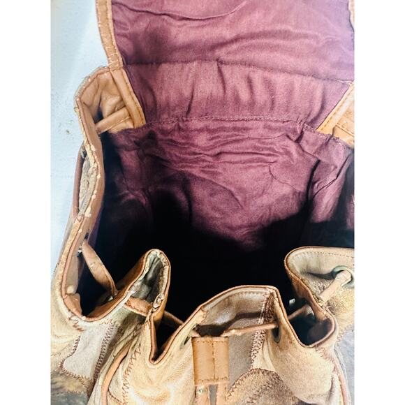 Vintage 1980s/90s Brown Leather Patchwork Clip Front Drawstring Backpack Bag - Picture 15 of 16